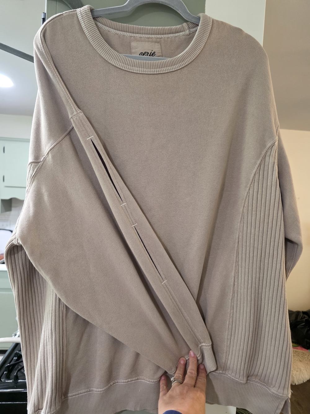 aerie Ribbed Side Panel, Slit Sleeves, Crewneck Sweatshirt Beige Medium - Picture 2 of 5